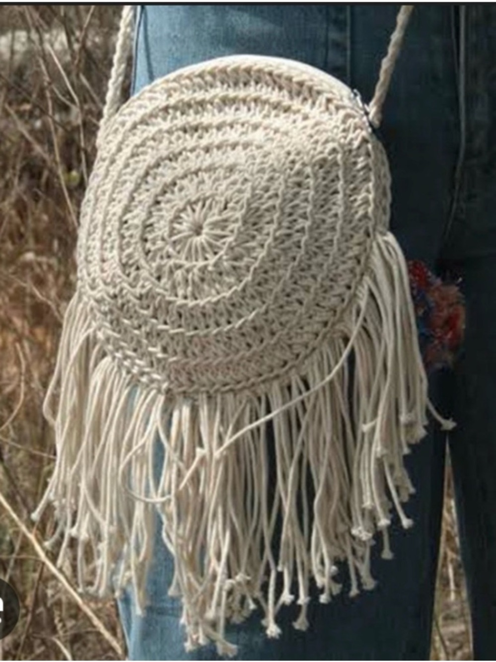 Beige Round Woven Fringe Crossbody Bag - Casual Boho Style
